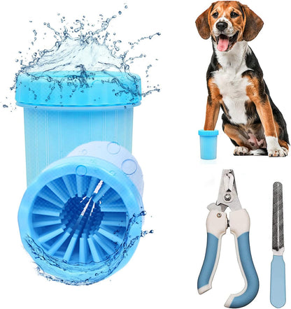 Dog Paw Cleaner with Pet Nail Clippers Pet Shedding Grooming Set 360º Portable Self-Cleaning Washer Cup Muddy Paws Pet Foot Cleaning Brush Cleaner for Large Dogs